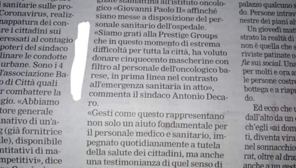 Donazione al Policlinico di Bari da Prestige group